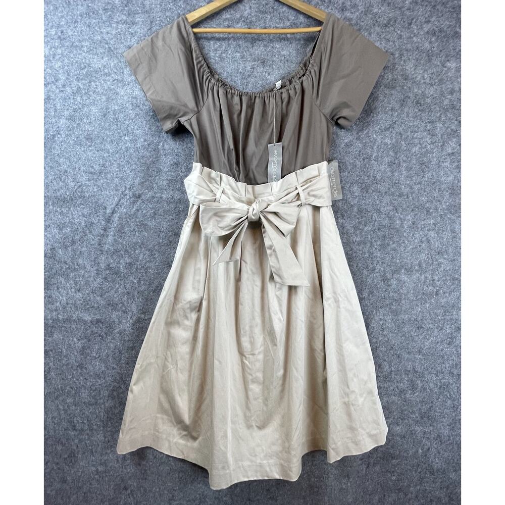 NY&C Eva Mendes Dress Large Brown Beige Belted Classy Neutral Cottage Pleated